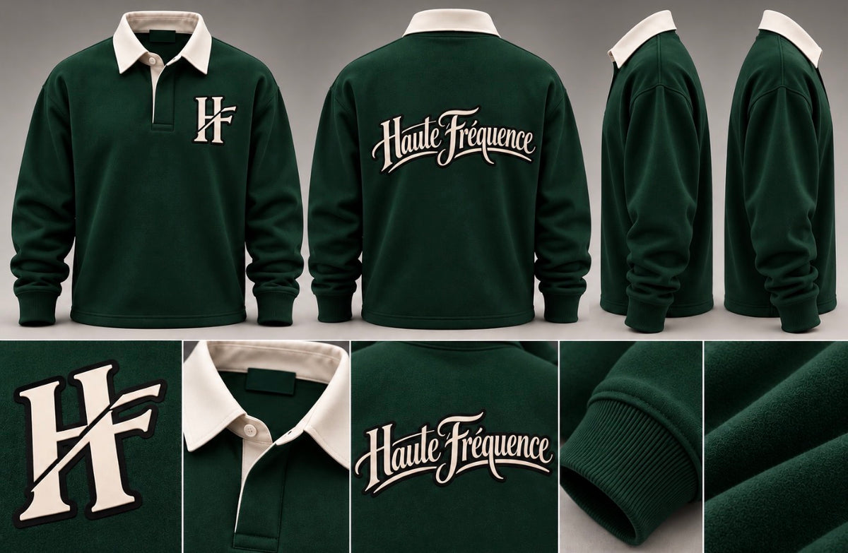 Haute Fréquence Forest Green Rugby Shirt | Cream & Black Offset